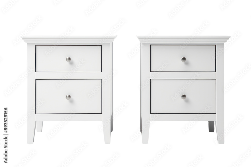 set of elegant white nightstands with clean lines and ample storage space, isolated on white background set of elegant white nightstands with clean lines and ample storage space, isolated on white background