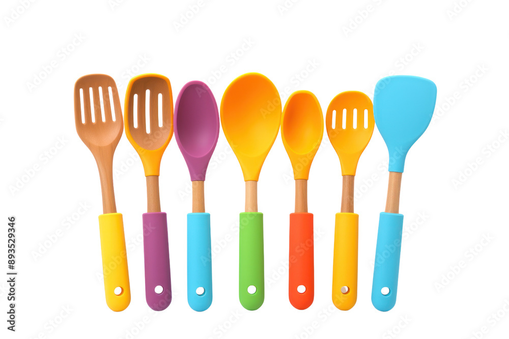 set of colorful silicone kitchen utensils, including spatulas, tongs, and measuring cups. Isolated on white background set of colorful silicone kitchen utensils, including spatulas, tongs, and measuring cups. Isolated on white background