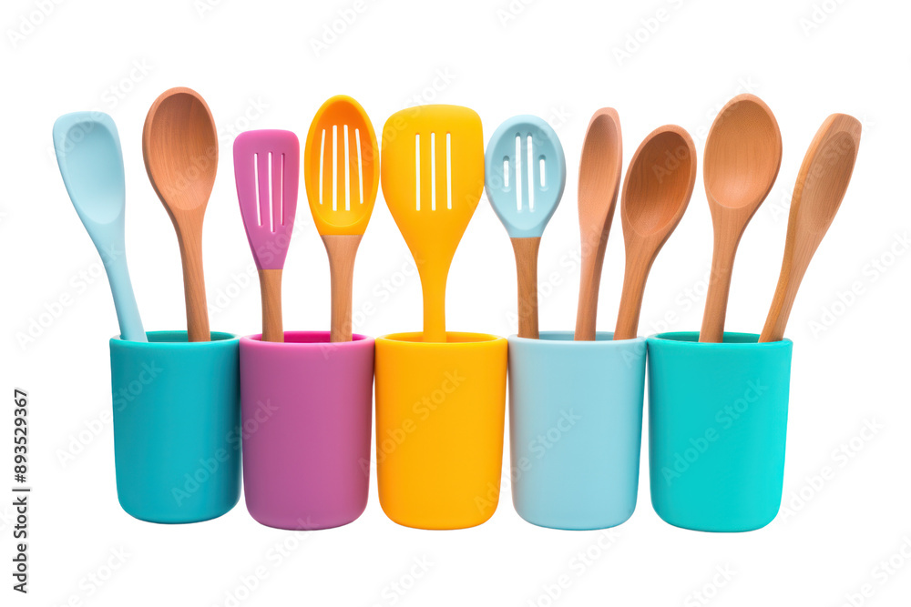 set of colorful silicone kitchen utensils, including spatulas, tongs, and measuring cups. Isolated on white background set of colorful silicone kitchen utensils, including spatulas, tongs, and measuring cups. Isolated on white background