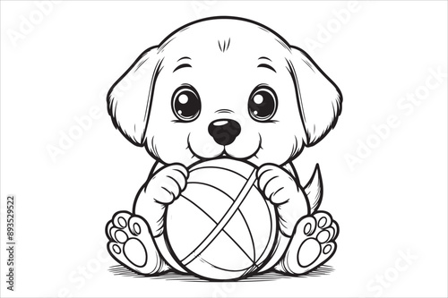 A cute puppy playing with a ball line art drawing