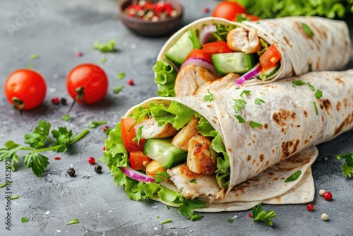 Fresh chicken wrap with vegetables. Perfect for showcasing healthy and delicious meals.