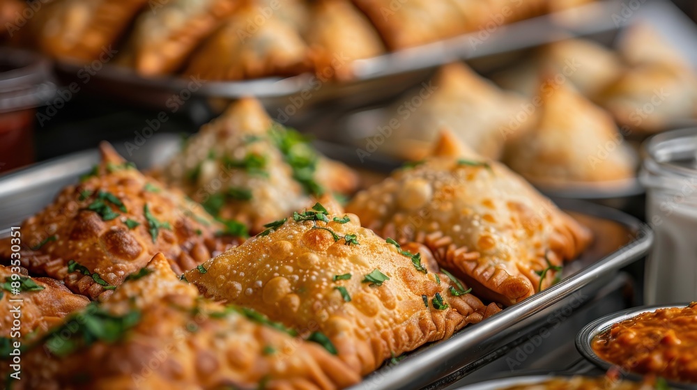 This image captures golden-brown samosas neatly arranged on metal trays, ready for sale, showcasing the appealing and inviting nature of the popular pastry. This image captures golden-brown samosas neatly arranged on metal trays, ready for sale, showcasing the appealing and inviting nature of the popular pastry.