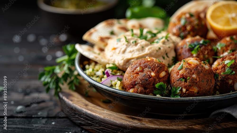 A visually appealing plate of falafel accompanied with creamy hummus, warm pita, and fresh tabbouleh garnished with parsley, capturing the essence of a Middle Eastern culinary delight. A visually appealing plate of falafel accompanied with creamy hummus, warm pita, and fresh tabbouleh garnished with parsley, capturing the essence of a Middle Eastern culinary delight.