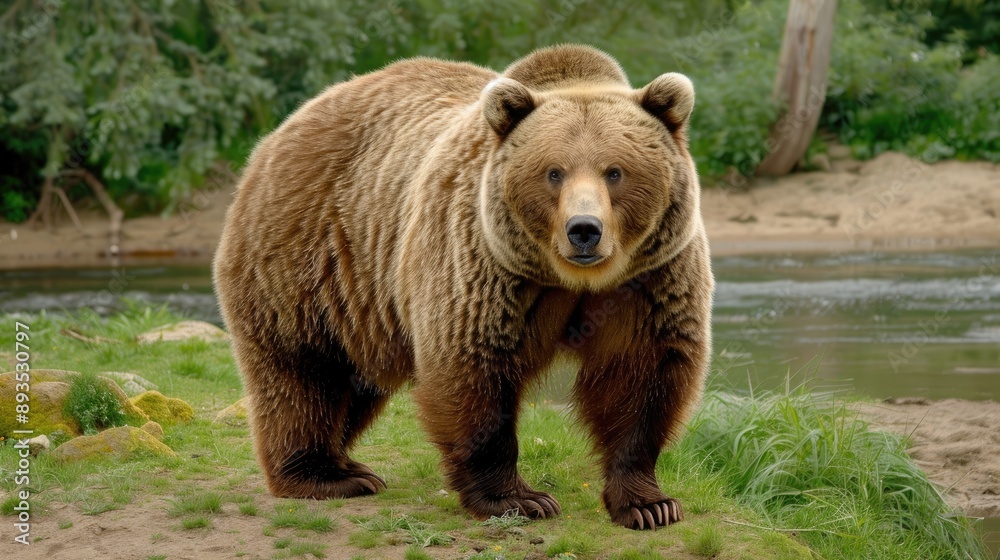 A large brown bear walks through the grass towards a pond A large brown bear walks through the grass towards a pond