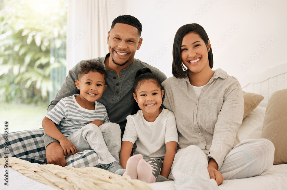 Family, portrait and children smile in bedroom, love and relationship with care with people together in apartment. Happiness, relax and bed in home for weekend break, morning and bonding in house Family, portrait and children smile in bedroom, love and relationship with care with people together in apartment. Happiness, relax and bed in home for weekend break, morning and bonding in house