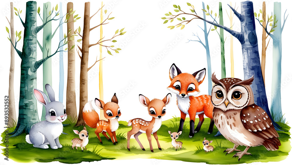 Naklejka premium Vibrant watercolor illustration of a whimsical woodland scene, featuring a collection of adorable baby animals, including a curious rabbit, a playful fox, a gentle fawn, and a wise owl, generative ai