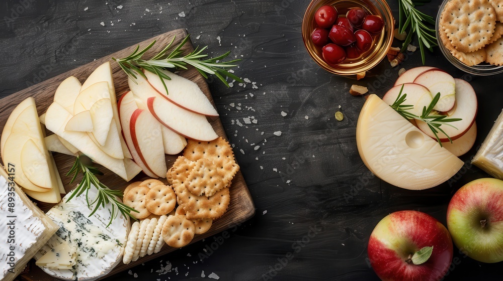 An elegant cheese platter featuring sliced apples, assorted cheeses, crackers, and a bowl of olives, beautifully styled with rosemary and apple accents. An elegant cheese platter featuring sliced apples, assorted cheeses, crackers, and a bowl of olives, beautifully styled with rosemary and apple accents.