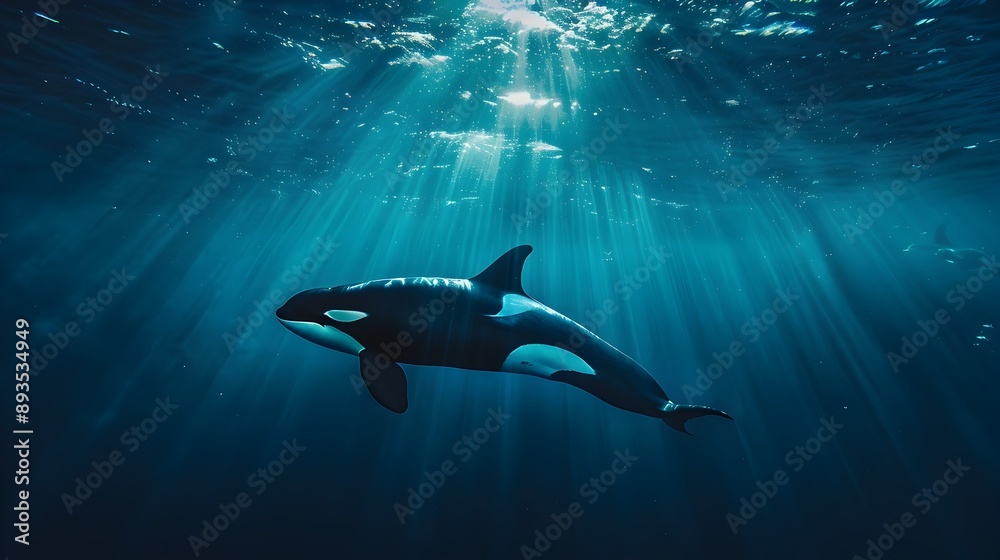 Fototapeta premium Majestic Orca Gliding Through Luminous Blue Ocean Depths