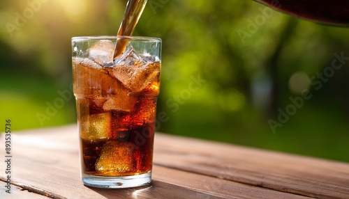 cola pouring in glass with ice cubes on wooden table outdoors