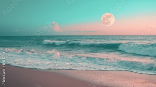 Pink and Turquoise Waves under Moon.