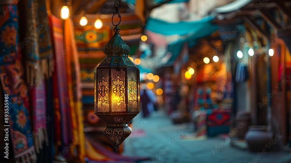 Ornate Lantern Hanging in a Vibrant Middle Eastern Marketplace Illustration Ornate Lantern Hanging in a Vibrant Middle Eastern Marketplace Illustration