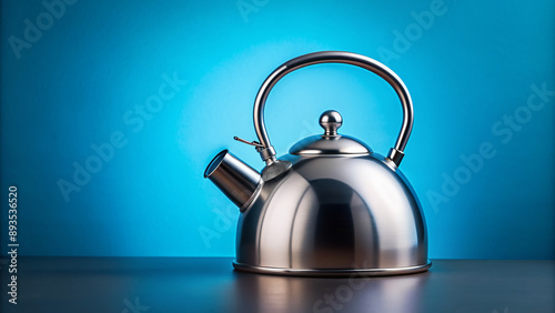 A stainless steel tea kettle with a curved handle sits alone on a bright blue background, awaiting use in a serene and peaceful atmosphere.