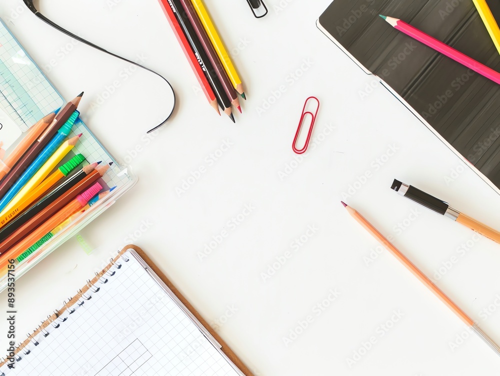 Back to School. Flat Lay of Colorful Stationery on White Desk Back to School. Flat Lay of Colorful Stationery on White Desk