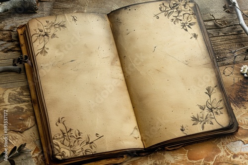 Vintage open journal with decorative floral border on wooden table