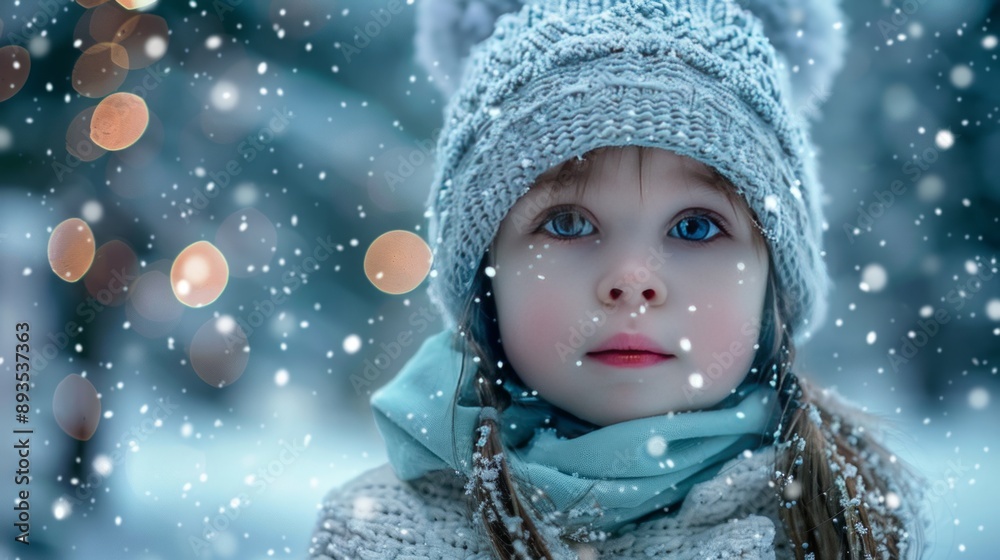 A little girl in the snow, frontal portrait face, winter landscape background A little girl in the snow, frontal portrait face, winter landscape background