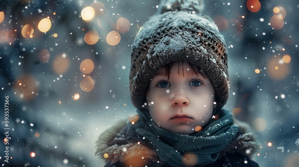 A little boy in the snow, frontal portrait face, winter landscape background A little boy in the snow, frontal portrait face, winter landscape background