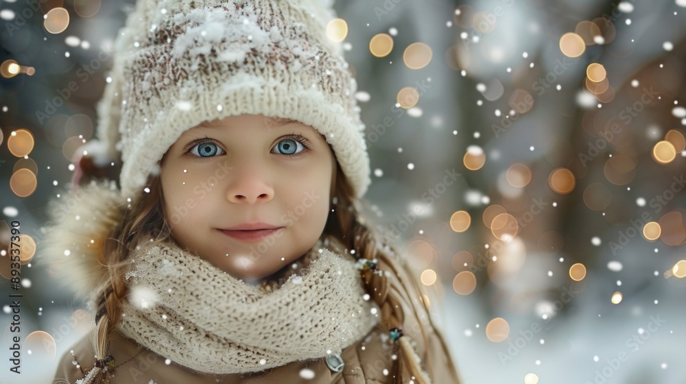 A little girl in the snow, frontal portrait face, winter landscape background