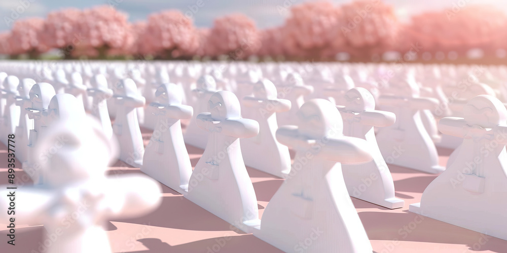Obraz premium The Silent Graveyard of Dreams: Endless rows of white crosses, marking the dead from the conflict