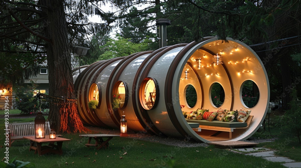 Small home built, repurposed aircraft fuselage, cylindrical shape, single floor with porthole windows, unique and insulated, contemporary interior with aviation-themed furniture, airfield Small home built, repurposed aircraft fuselage, cylindrical shape, single floor with porthole windows, unique and insulated, contemporary interior with aviation-themed furniture, airfield