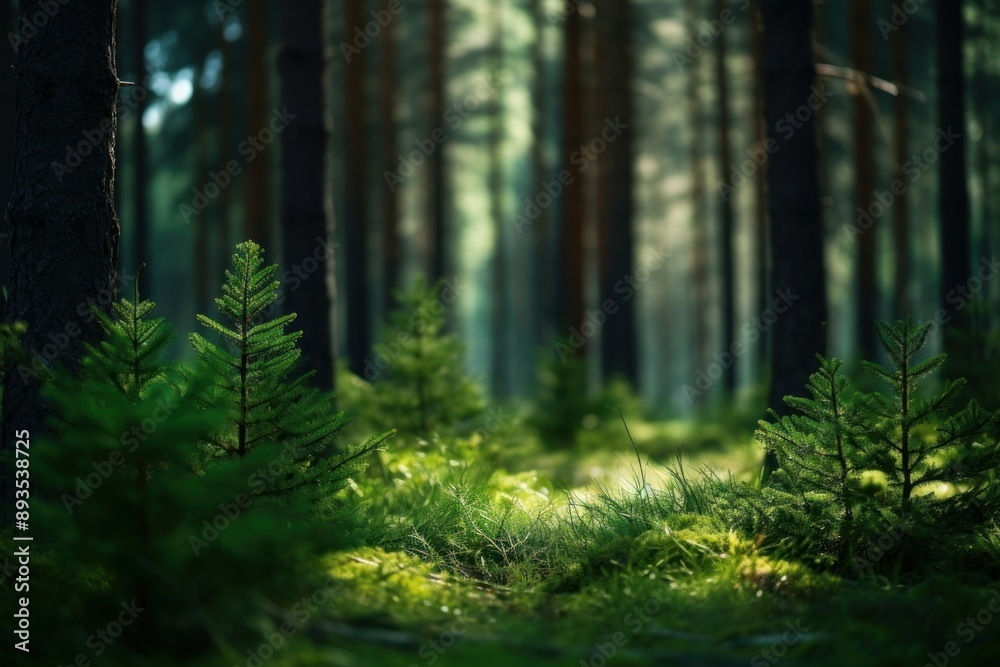 Obraz premium Deep pine forest background vegetation rainforest outdoors.