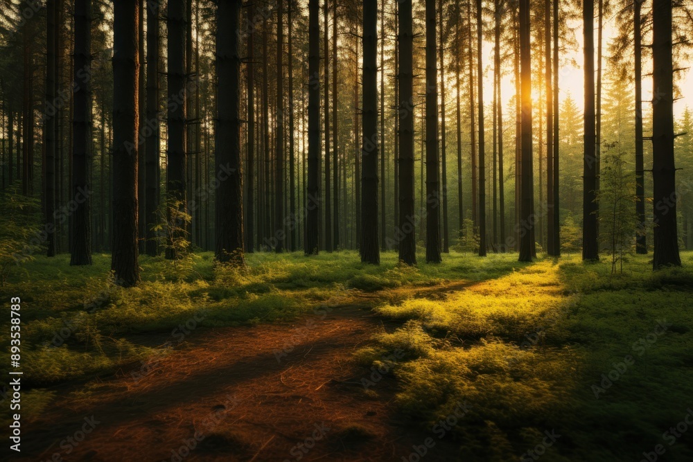 Obraz premium Deep pine forest background sun vegetation landscape.