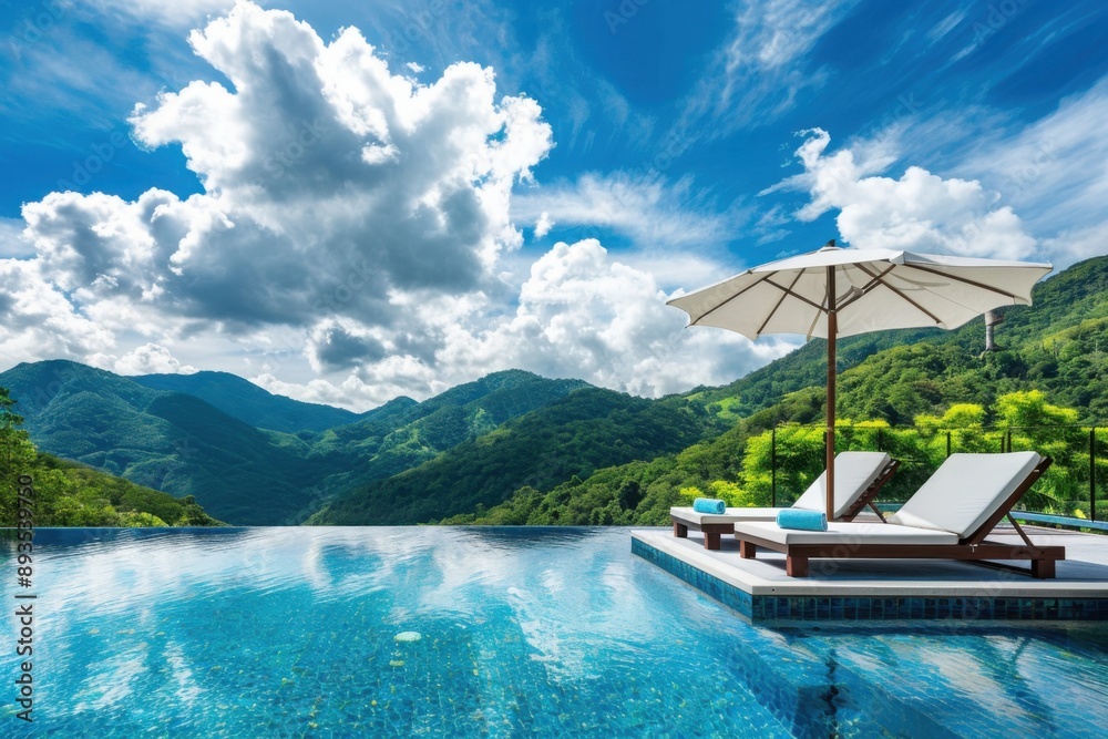 Fototapeta premium Swimming pool with sun loungers and mountains view.