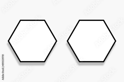 2 Polygon photo frames template of hexagon shapes with a black border in a simple clean layout. Used as a printable photo collage or a blank mock up for album pictures or photographs collection.
