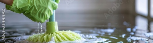 Closeup of hands in green rubber gloves wringing out a mop, cleaning, housekeeping concept photo