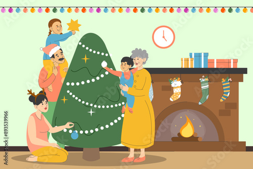 Happy family decorating Christmas tree in living room. Parents, kids and grandmother, daughter sitting on the dad shoulders. Oma holding a grandson.