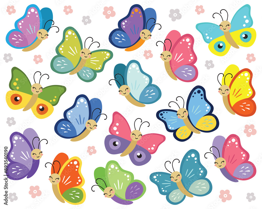 Naklejka premium Set of smiling multicolor butterfly clipart. Vector illustration of butterfly cartoon collection on white background. Flying butterfly isolated. Baby shower design elements. Party invitation, birthday
