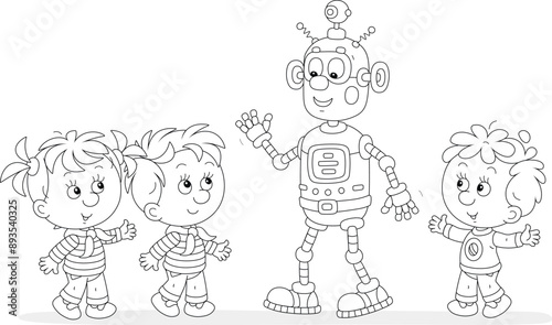 Happy little children merrily talking to a funny toy robot, black and white outline vector cartoon illustration for a coloring book page