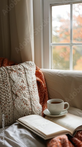 Cozy corner with a cup of tea and a book, relaxation, selfcare