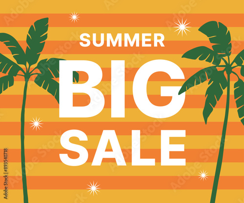 Summer concept sale banner design template illustration. Palm tree silhouette and 'Summer Big Sale' typography on a striped background.