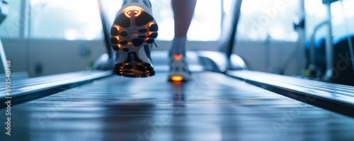 Athlete running on a treadmill with biomechanical sensors attached, biomechanics, photo