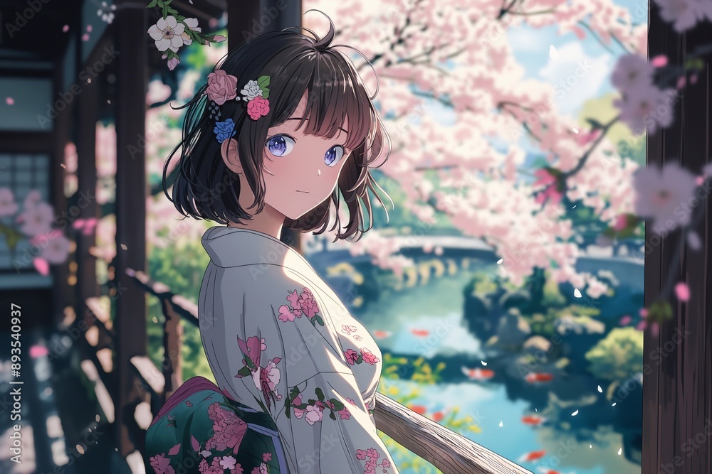 Fototapeta premium an elegant anime girl with short brown hair, wearing a white silk kimono adorned with subtle pink cherry blossom patterns. stands on a traditional Japanese veranda, with the backdrop of a zen garden.