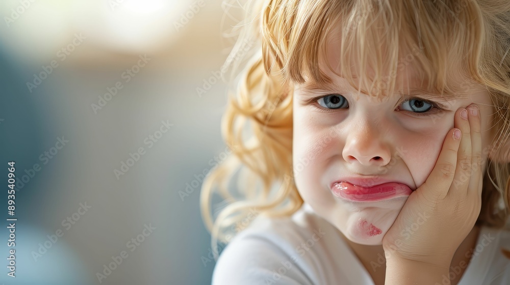 Child with a toothache holding their cheek, dental pain, oral health Child with a toothache holding their cheek, dental pain, oral health