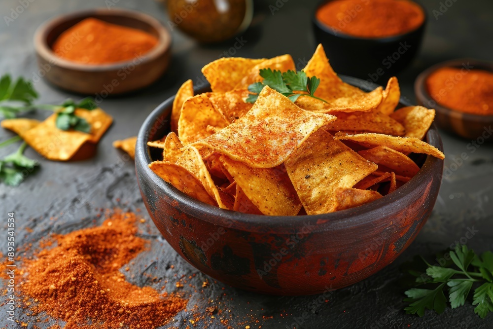 A bowl of tortilla chips with a sprinkle of paprika. Perfect for a snack, appetizer, or as a topping for your favorite dishes. A bowl of tortilla chips with a sprinkle of paprika. Perfect for a snack, appetizer, or as a topping for your favorite dishes.