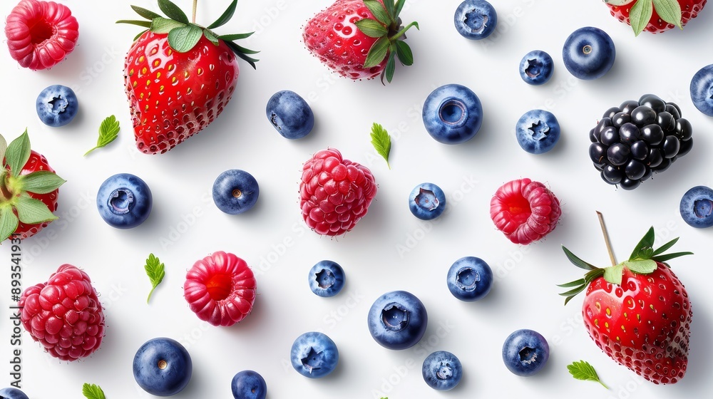 A vibrant arrangement of fresh berries on a white background, showcasing strawberries, blueberries, raspberries, and blackberries. A vibrant arrangement of fresh berries on a white background, showcasing strawberries, blueberries, raspberries, and blackberries.