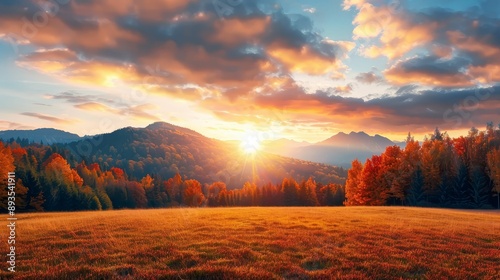 Autumn sunset over a rolling field, picturesque, fall