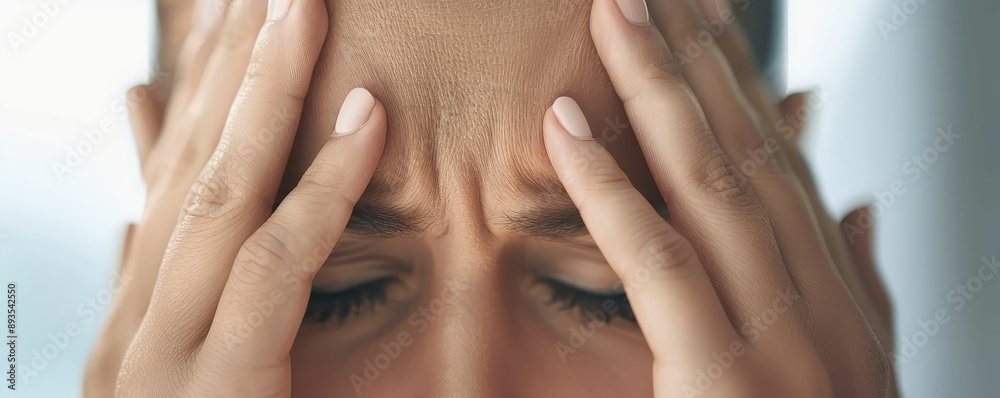 Closeup of a person massaging their temples, headache, tension relief