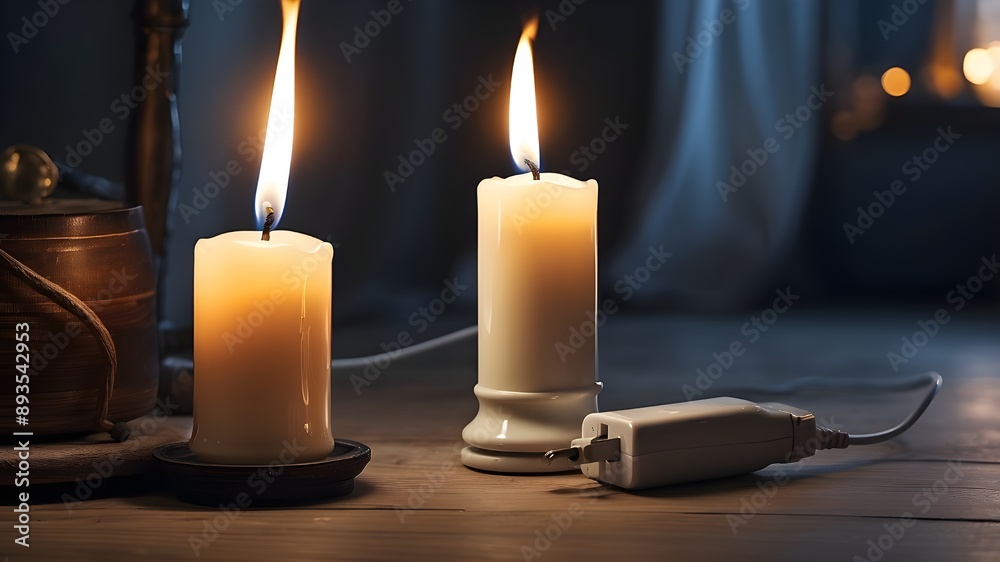 a flickering candle next to an unplugged electrical outlet