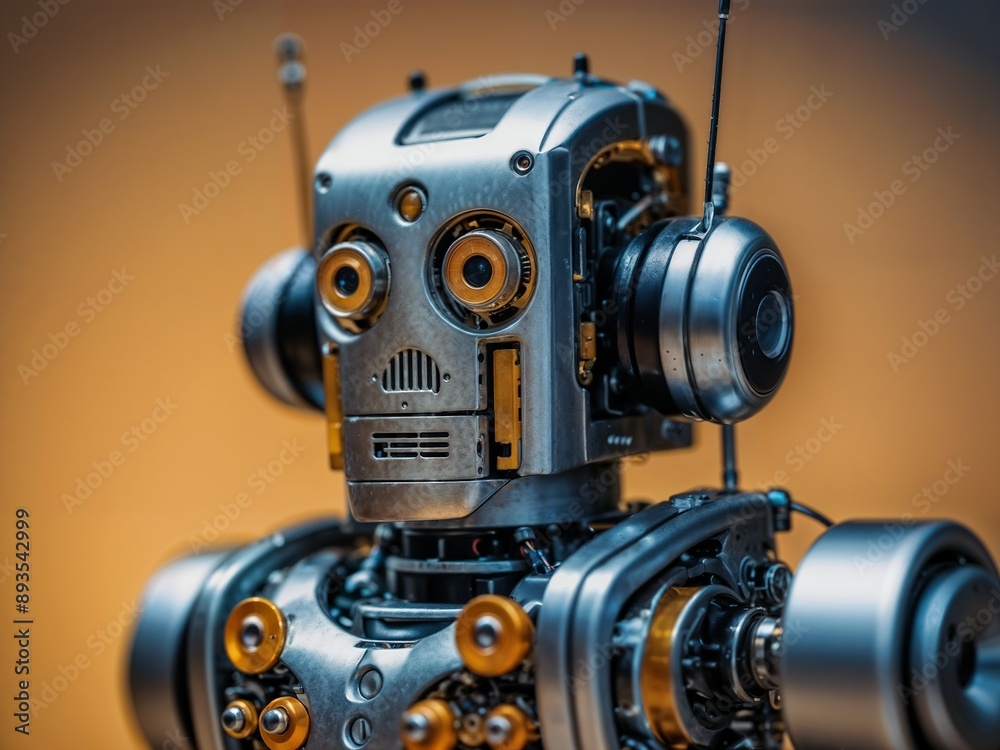 The picture is of a metal humanoid robot with eyes, a camera, and complex internal parts. The robot comes in silver and gold colors. and has a simple brown background. The picture is of a metal humanoid robot with eyes, a camera, and complex internal parts. The robot comes in silver and gold colors. and has a simple brown background.