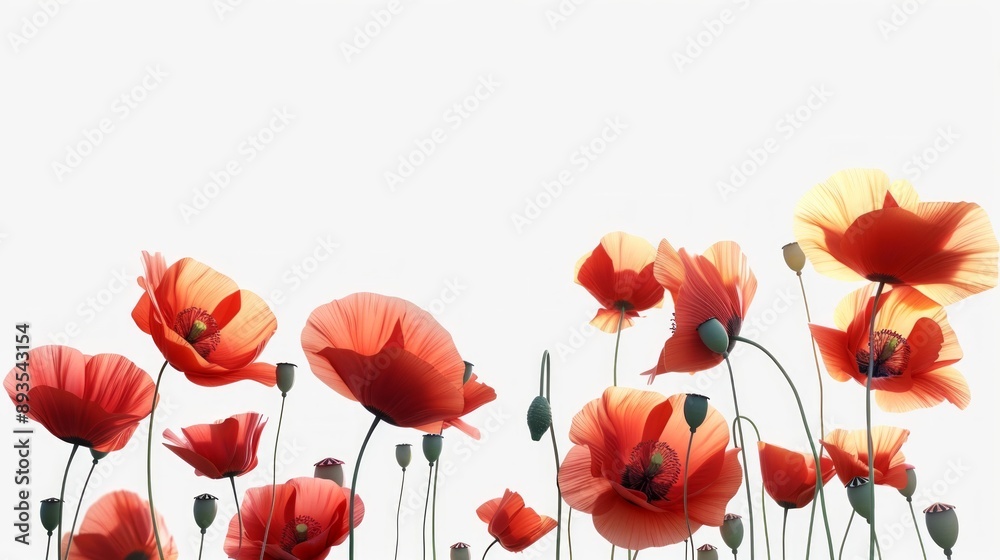 Obraz premium Vibrant red poppy flowers on white background. AI-generated digital artwork. Perfect for nature themes and floral designs. 
