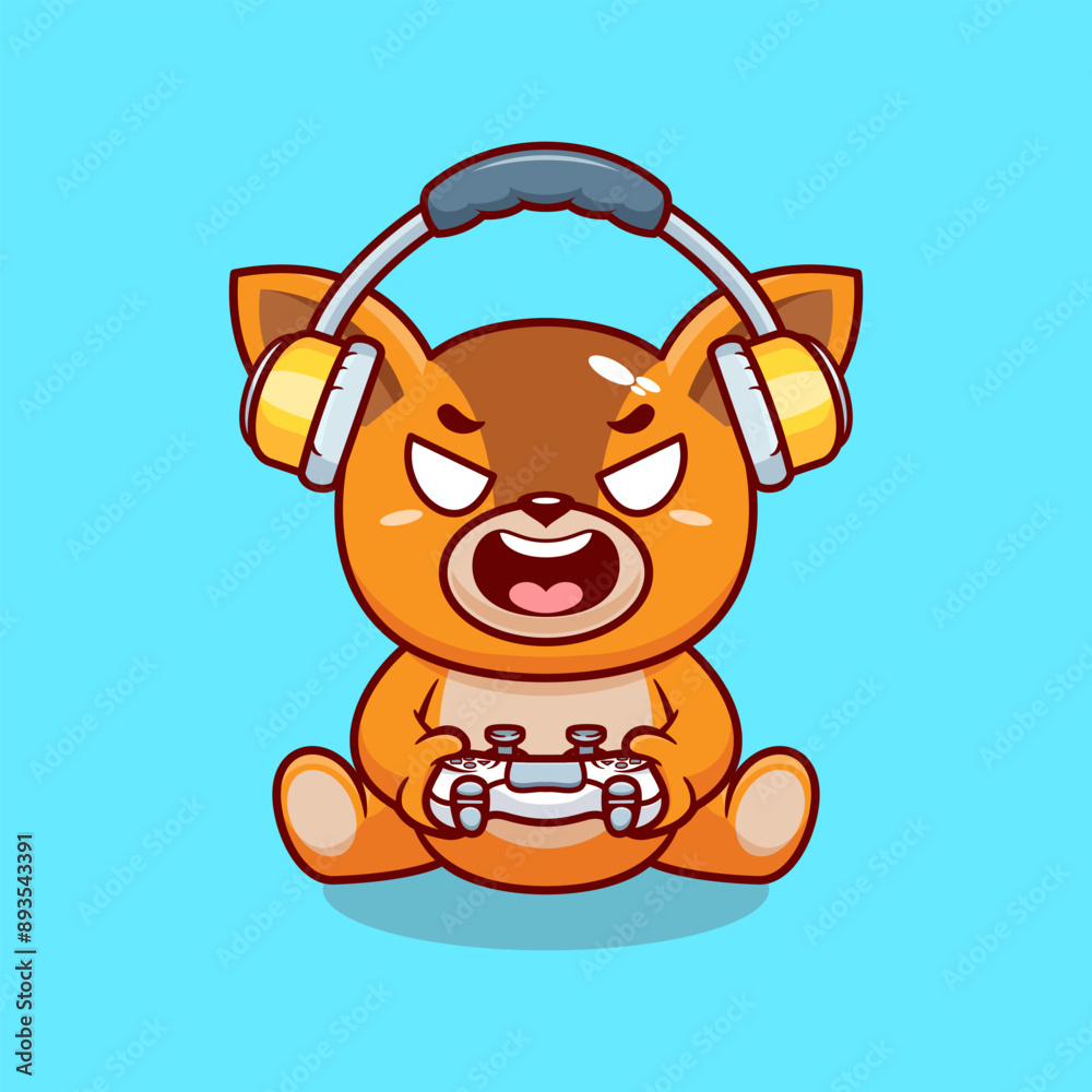Naklejka premium Cute baby deer gaming cartoon vector icon illustration. Animal technology icon concept isolated