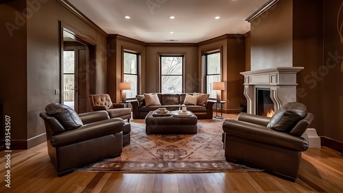 Luxury brown living room with hardwood floors.