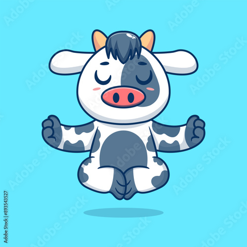 Cute cartoon cow sitting in yoga pose. cartoon animal vector illustration hand drawn