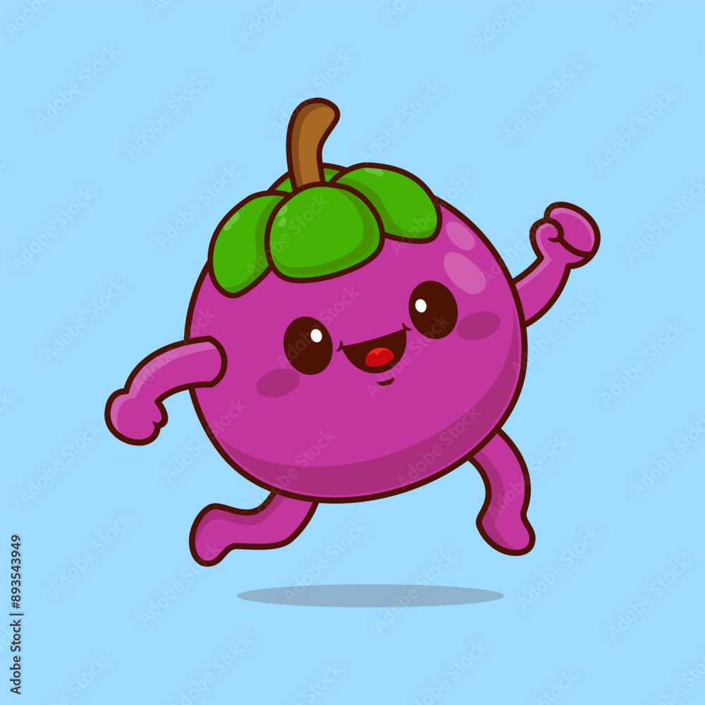 Cute funny running mangosteen fruit. Vector hand drawn cartoon kawaii character illustration Cute funny running mangosteen fruit. Vector hand drawn cartoon kawaii character illustration