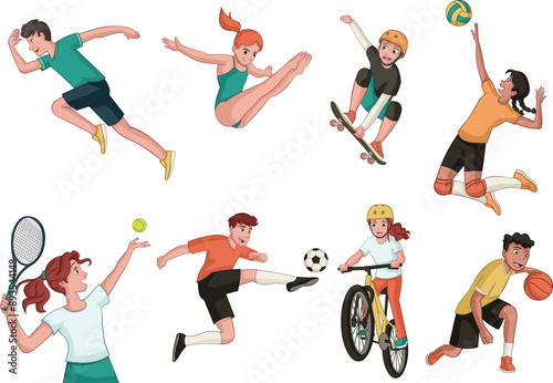 Cartoon teenagers playing various sports. Children playing.
