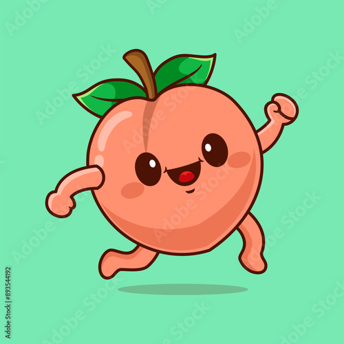 Cute funny running peach fruit. Vector hand drawn cartoon kawaii character illustration