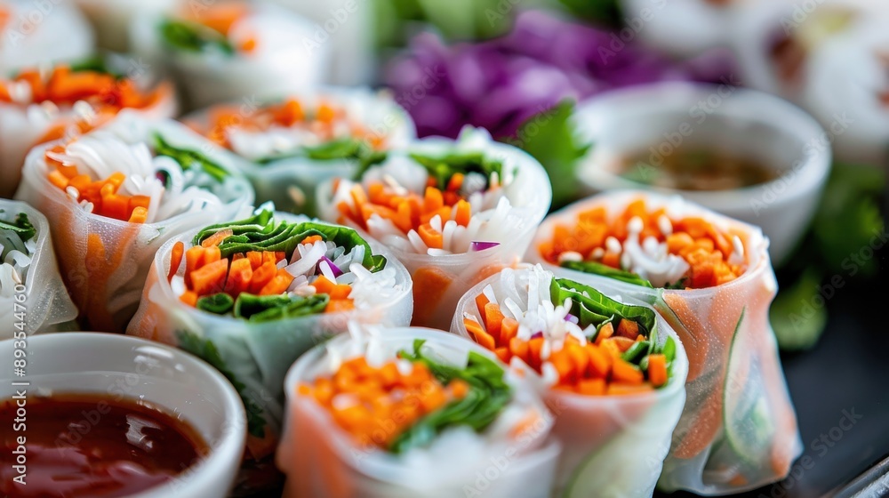 A visually appealing arrangement of freshly made vegetable spring rolls, filled with vibrant ingredients, served alongside different dipping sauces, representing healthy eating.